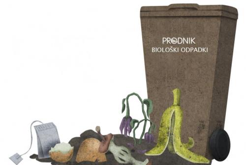 Na sliki je ilustracija rjavega zabojnika za odpadke in biološko razgradljivi odpadki: čajna vrečka, bananin olupek, ostanek jabolka, jajčna lupina, zemlja, posušeno cvetje, posušen kos kruha.