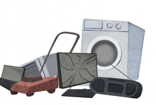 Na ilustraciji so narisani nekateri elektronski odpadki: kosilnica, pralni stroj, radio, monitor, tipkovnica, prenosni računalnik in mikrovalovna pečica.