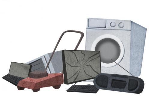 Na sliki so narisani nekateri elektronski odpadki: kosilnica, pralni stroj, radio, tipkovnica, mikrovalovka, ekran, prenosnik.