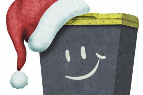 Ilustracija črnega zabojnika z rumenim pokrovom z Božičkovo kapo.