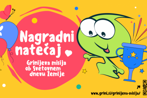 Na sliki je narisan Grini, ki vabi otroke k sodelovanju v njegovem nagradnem natečaju.
