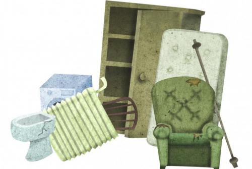 Ilustracije kosovnih odpadkov - omara, enosed, jogi, smučarska palica, radiator, pralni stroj.