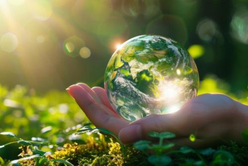 Steklena krogla na dlani, v ozadju zelena narava.