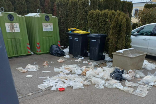 Dva zelena zabojnika za steklo, dva črna zabojnika z rumenim pokrovom in en črni zabojniki, pred njimi na tleh pa kup razmetanih prozornih umazanih plastičnih vrečk.