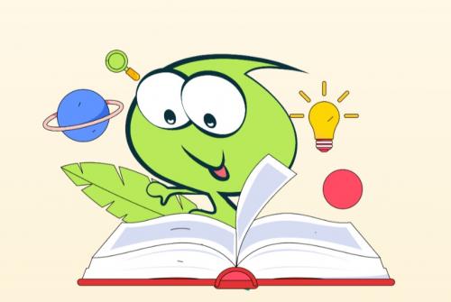 Ilustracija Grinija , ki lista knjigo, okrog glave pa ima žarnico in dva planeta.