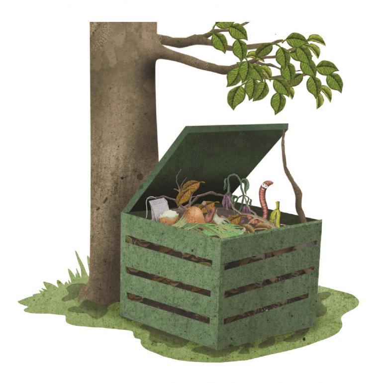 Na sliki je ilustriran kompostnik pod drevesom.