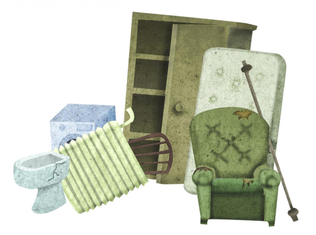 Na sliki so kosovni odpadki: naslonjač, smučarska palica, vzmetnica, radiator.