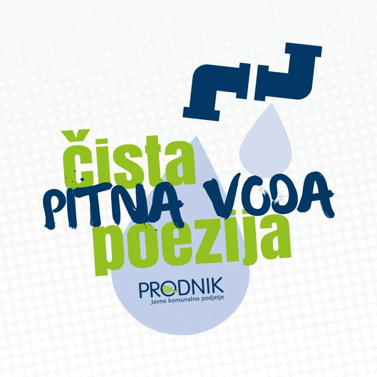 Slika prikazuje logotip poezija vode - pipo, iz katere prihajata kapljici vode, z napisom Pitna voda - čista poezija.