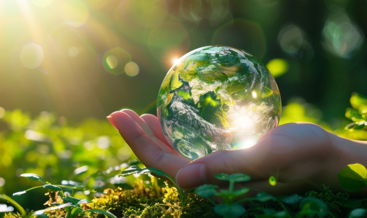 Steklena krogla na dlani, v ozadju zelena narava.