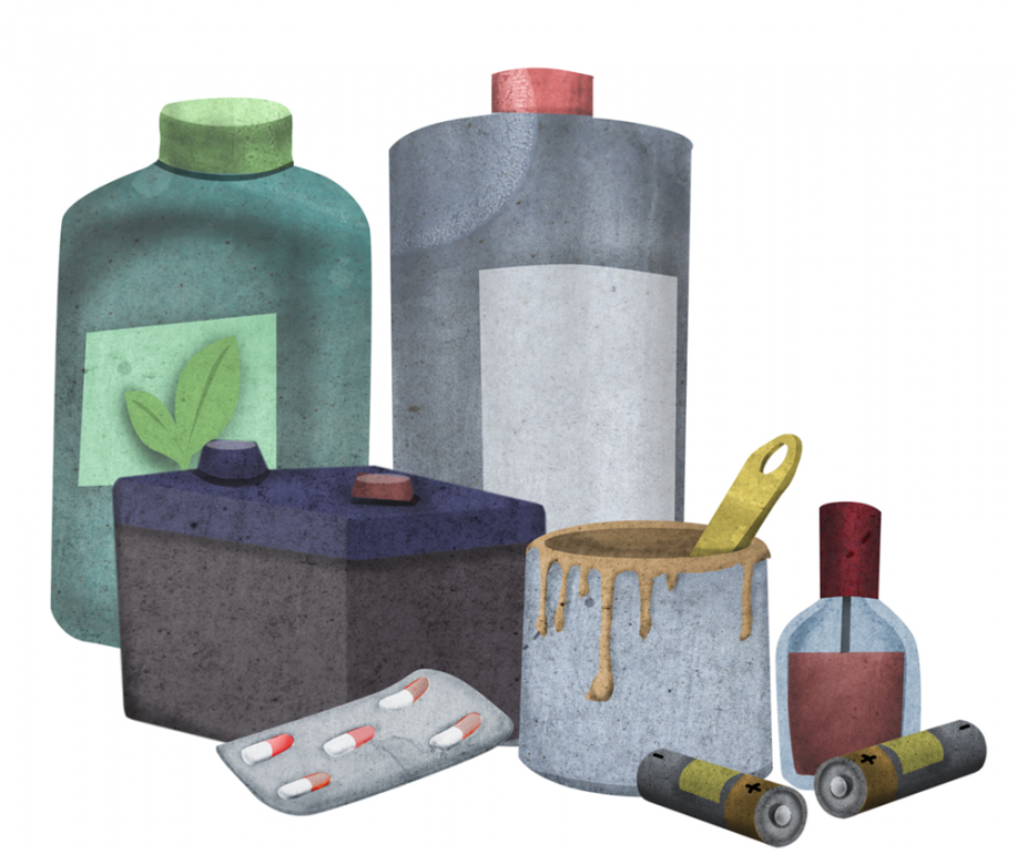 Ilustracije nevarnih odpadkov (akumulator, zdravila, baterije, barva. razredčilo, lak)