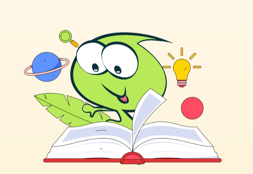 Ilustracija Grinija , ki lista knjigo, okrog glave pa ima žarnico in dva planeta.